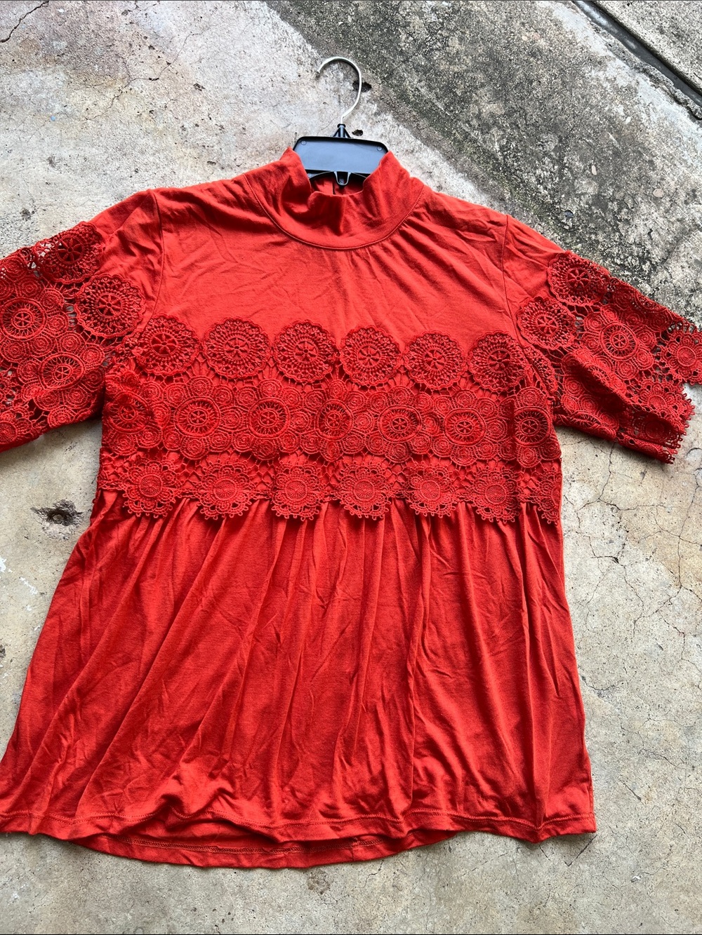Women's Red Lace Yoke Mock Neck Top
